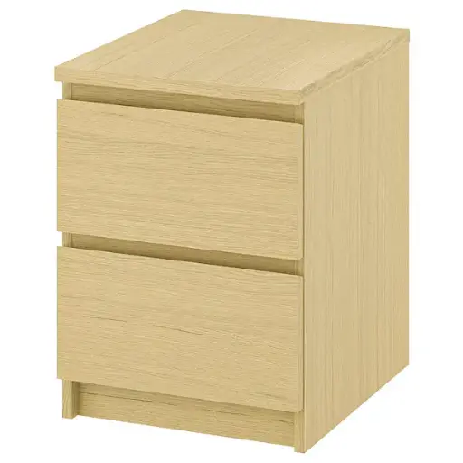 Commode 2 tiroirs, plaqué chêne blanchi, 40x55 cm
